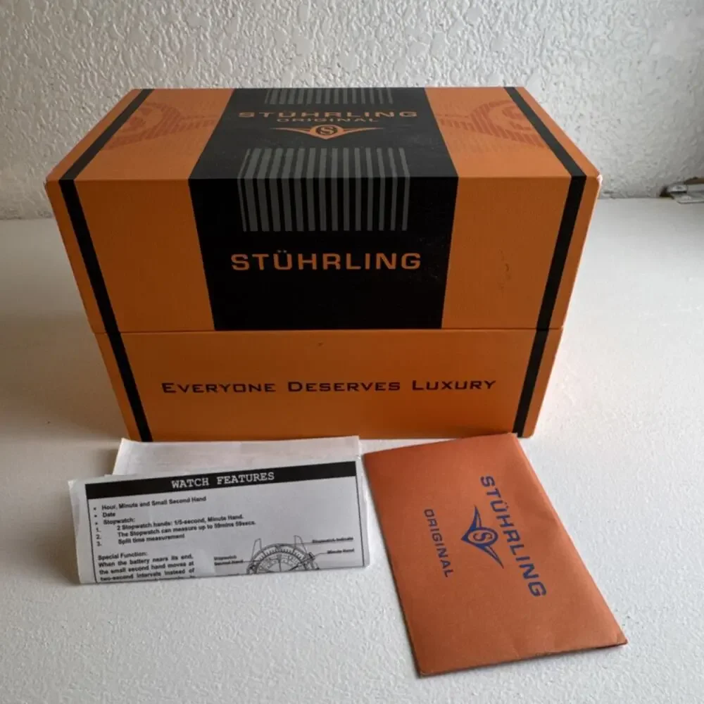 (8014)Stührling Original Men's Quartz Sport Watch SS Bracelet Blue Bezel Box